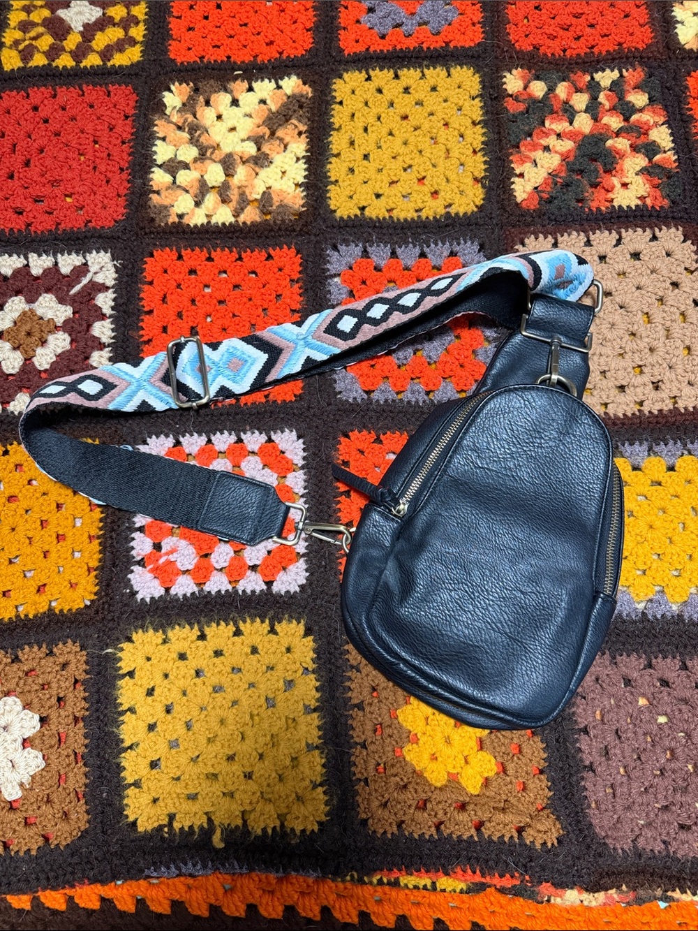 Anthropologie Black Leather Crossbody Sling Bag with Patterned embroidered Strap